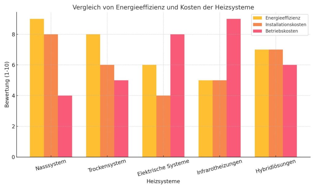 Diagramm zeigt den Vergleich von Energieeffizienz, Installationskosten und Betriebskosten für Nasssysteme, Trockensysteme, elektrische Systeme, Infrarotheizungen und Hybridlösungen.