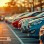 Parkplatzmarkierung auf einem Firmenparkplatz mit Autos in Reihung bei Sonnenuntergang