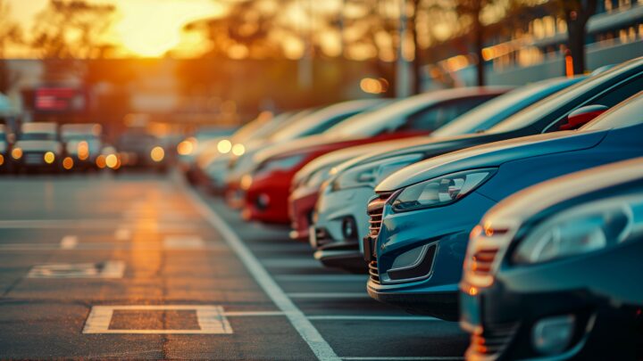 Parkplatzmarkierung auf einem Firmenparkplatz mit Autos in Reihung bei Sonnenuntergang