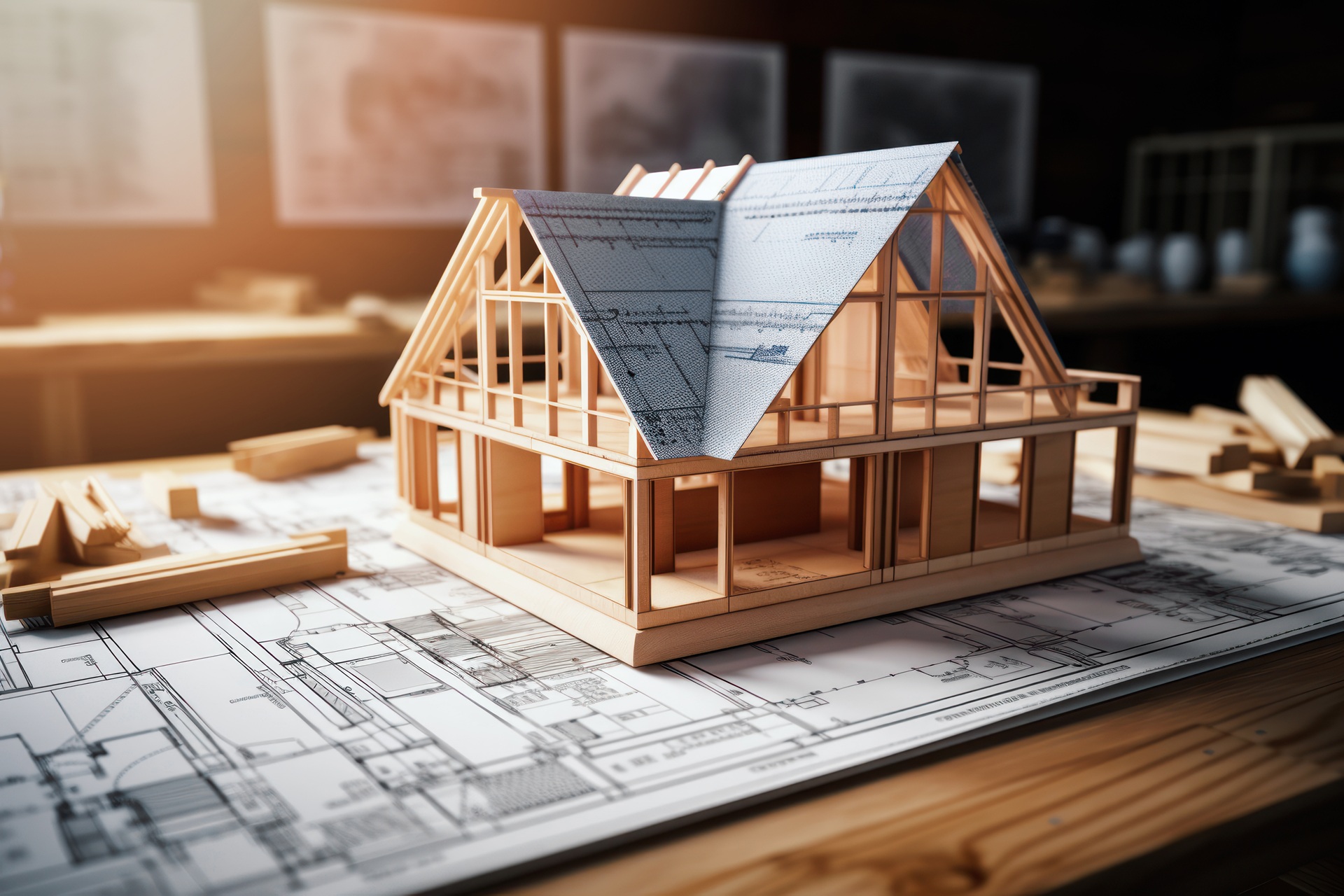 Holzmodell eines Hauses auf Bauplaenen | Konstruktionssoftware kostenlos