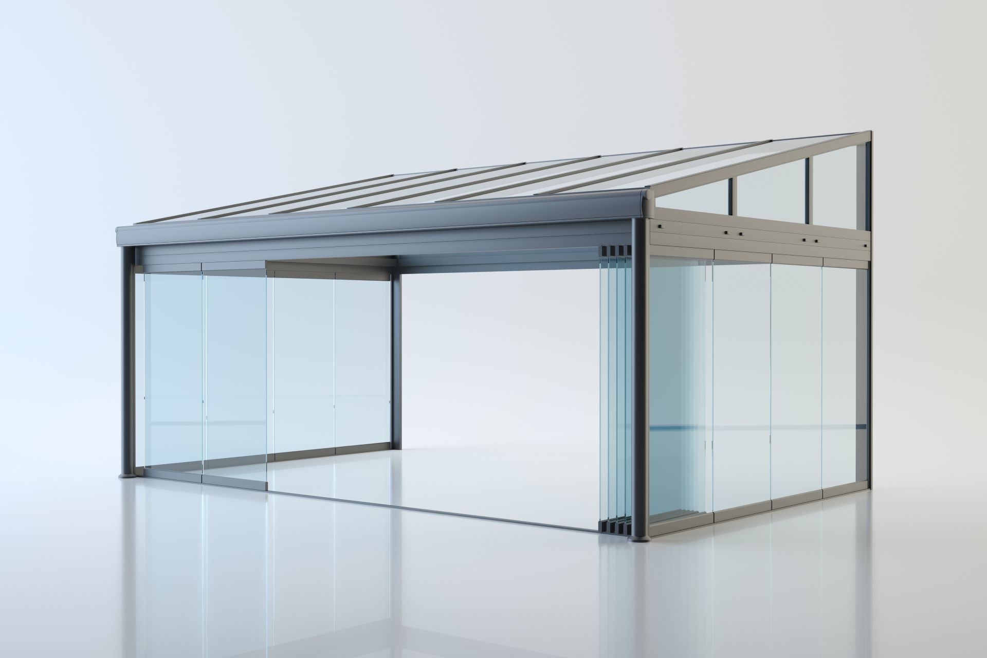 Terrassendacheindeckung aus Glas und Aluminium mit seitlichen Schiebeelementen