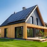 Modernes Holzhaus mit Solarpaneelen auf dem Dach. 3D-Rendering. Umweltfreundliches Passivhaus mit einem Photovoltaiksystem auf dem Dach.