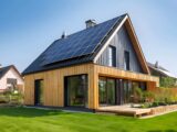 Modernes Holzhaus mit Solarpaneelen auf dem Dach. 3D-Rendering. Umweltfreundliches Passivhaus mit einem Photovoltaiksystem auf dem Dach.