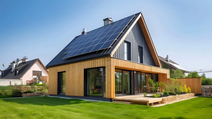 Modernes Holzhaus mit Solarpaneelen auf dem Dach. 3D-Rendering. Umweltfreundliches Passivhaus mit einem Photovoltaiksystem auf dem Dach.